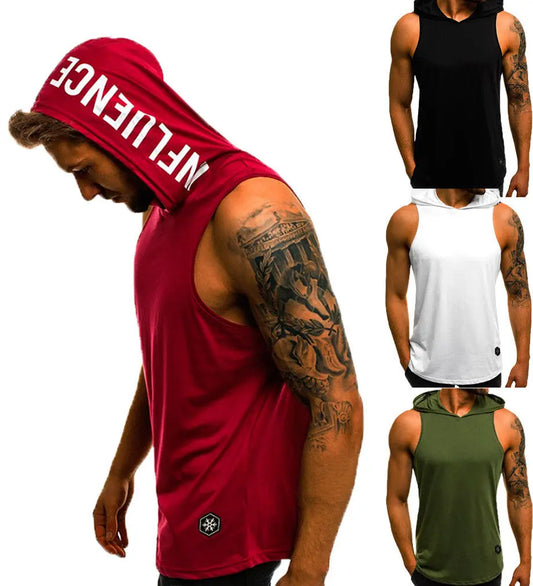 Fashion Summer Mens Sleeveless Hoodie T-Shirts Muscle Sweatshirt Cool Hoody Tops GYM Sport Slim Fitness Hooded Sportswear Tees [MEN]