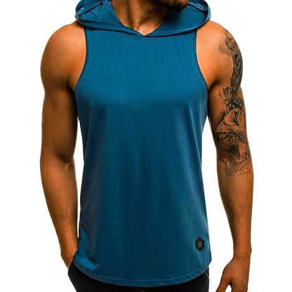 Fashion Summer Mens Sleeveless Hoodie T-Shirts Muscle Sweatshirt Cool Hoody Tops GYM Sport Slim Fitness Hooded Sportswear Tees [MEN]