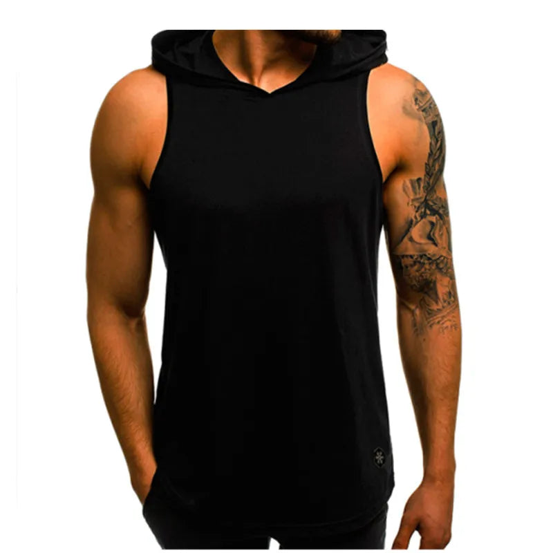 Fashion Summer Mens Sleeveless Hoodie T-Shirts Muscle Sweatshirt Cool Hoody Tops GYM Sport Slim Fitness Hooded Sportswear Tees [MEN]