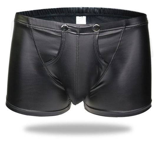 Sexy Men Boxers Open Crotch Faux Leather Lingerie Stage U Convex Pouch Black Patent Leather Boxers Shorts Gay Mens Underwear [GRM] [UND]