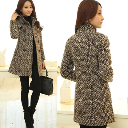 New Women's Wool Blends Coat Winter 2023 Autumn Fashion Elegant Mother Turtleneck Plaid Slim Long Tweed Woolen Outerwear Female [WOM]