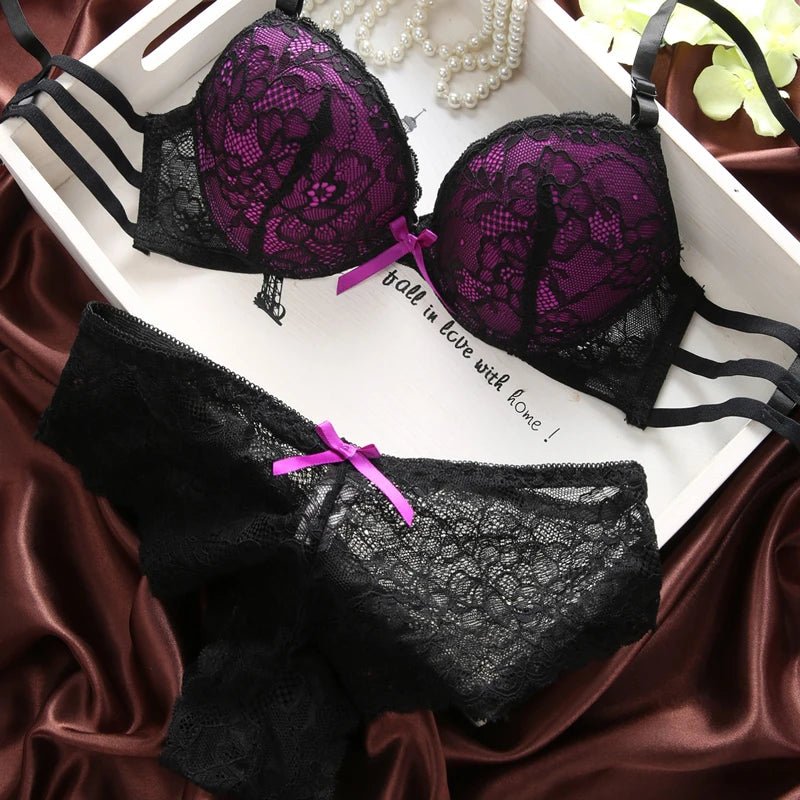 French original new sexy lace gathers under the thin thick black cup sexy adjustable underwear bra set [GRM] [UND]