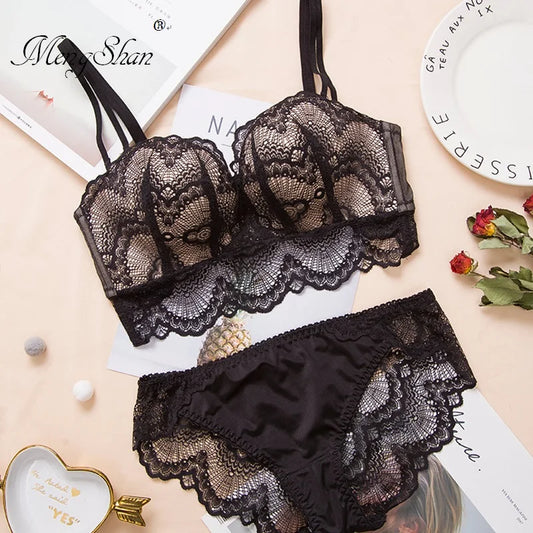 MengShan New Sexy Bra set Ring-free lace edge massage palm cup bra push up Adjustment type Comfortable gathering push up bra set [GRM] [UND]