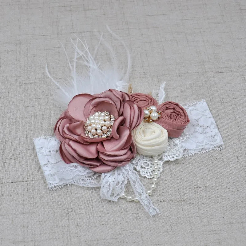 Vintage Flower Headband Baby Girls Headwraps Newborn Photography Props Gifts Lace Elastic Hair Bands Pearl Feather Accessories [PHO]