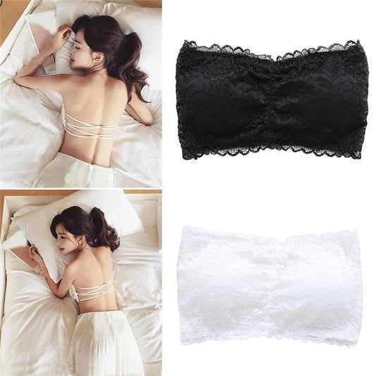 Women's Sexy Casual Lace Wrap Padded Tube Top Black Strapless Crop Top Bra Elastic Lace Push UP Cross Tops [GRM] [UND]