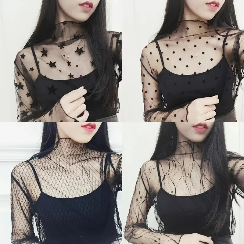 Ruoru Women Sexy Harajuku Mesh Tops Net See-Through T Shirt Transparent Undershirt Star Base Top Camisas Femininas Clubwear [WOM]