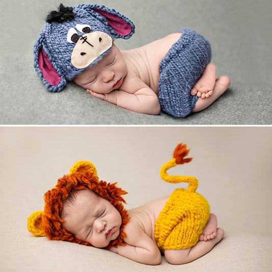 Knitting Soft Hat Pants Set Baby Clothing Accessories Cute Animal Bebe Newborn Photography Props Lionet/Chick/Tiger 0-4 Months [PHO]