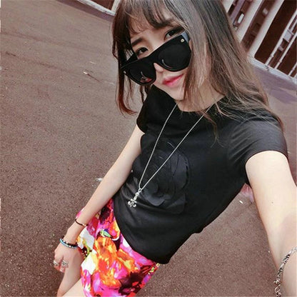 women's summer 3d camellia embroidery luxury  T-shirt ladies fashion tops slim casual tee shirts female [WOM]