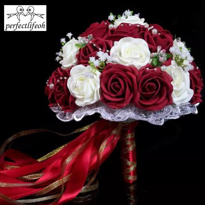 Perfectlifeoh Burgundy Wedding Bouquet Pink/Red/White/Royal Blue Bridal Bridesmaid  Artificial Flower Rose Bride [FLW]