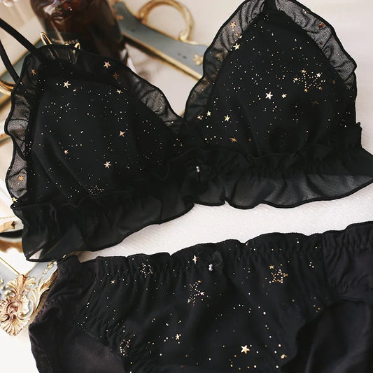 Hot Underwear Starry Women Bra Set Printing Full Lace Triangle Cup Wire-Free Lovely Girl Intimates Sexy Bralette Panties Set [GRM] [UND]