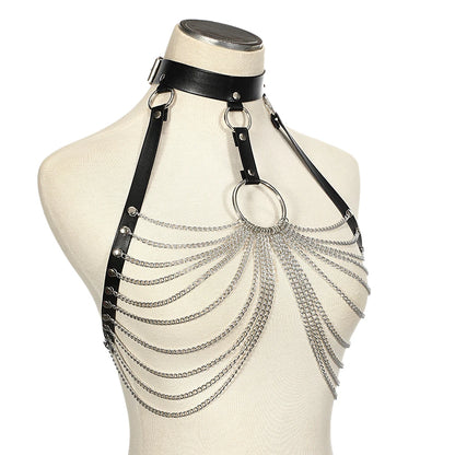 Goth Leather Body Harness Chain Bra Top Chest Waist Belt Witch Gothic Punk Fashion Metal Girl Festival Jewelry Accessories [GRM] [UND]