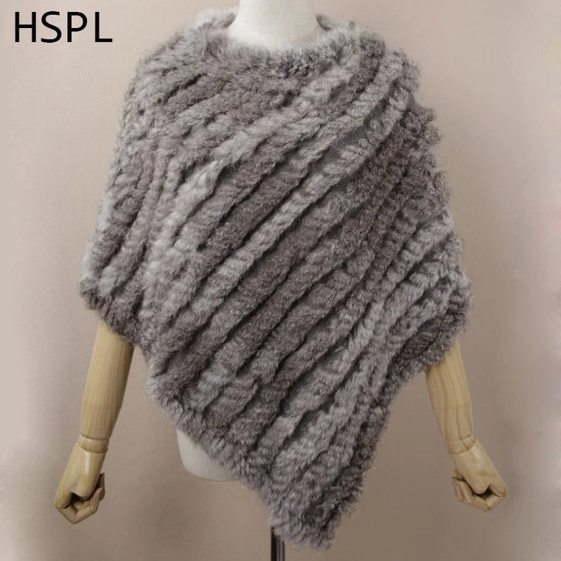 HSPL Fur Poncho Autumn Real Rabbit Hot Sale Triangle Knitted Women Pullover Lady Pashmina Wrap poncho pele de coelho [WOM]