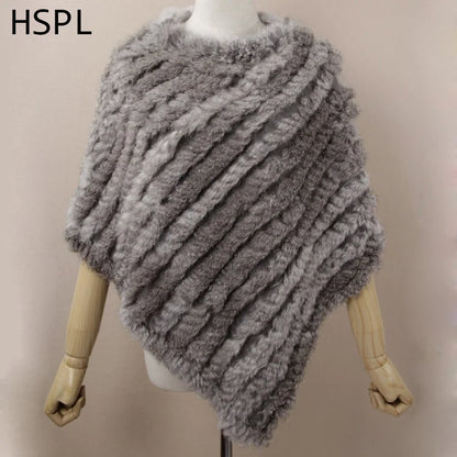 HSPL Fur Poncho Autumn Real Rabbit Hot Sale Triangle Knitted Women Pullover Lady Pashmina Wrap poncho pele de coelho [WOM]