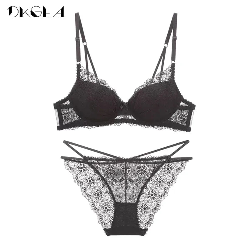 Super Gather Fashion Black Underwear Women Bra Set Push Up Brassiere Cotton Thick Deep V Sexy Bras Lace Lingerie Sets Embroidery [GRM] [UND]