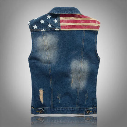 Mens Denim Vest Men Cowboy Ripped Sleeveless Vintage Jacket Tank Spring USA Flag washed Jeans Vest Plus Size 5XL [MEN]