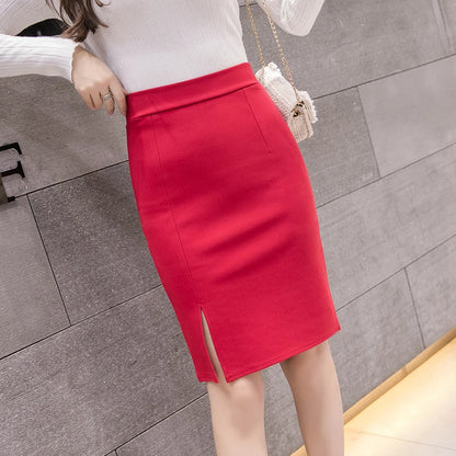 New Fashion Women Office Formal Pencil Skirt Spring Summer Elegant Slim Front Slit Midi Skirt Black/Gray/Red OL Skirts [WOM]