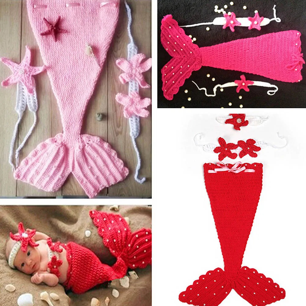 Cute Baby Sets Beauty Mermaid Suits Wool Handmade Crochet Photography Sweater Newborn Baby Cap For Girl Boy Knitting Suits [PHO]