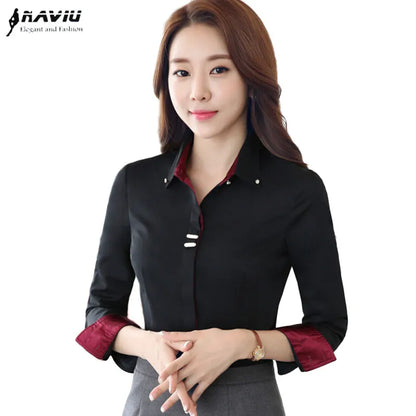 Fashion Clothes OL Women Long Sleeve Shirt Black White Slim Patchwork Sequined Cotton Blouse Office Ladies Formal Tops [WOM]