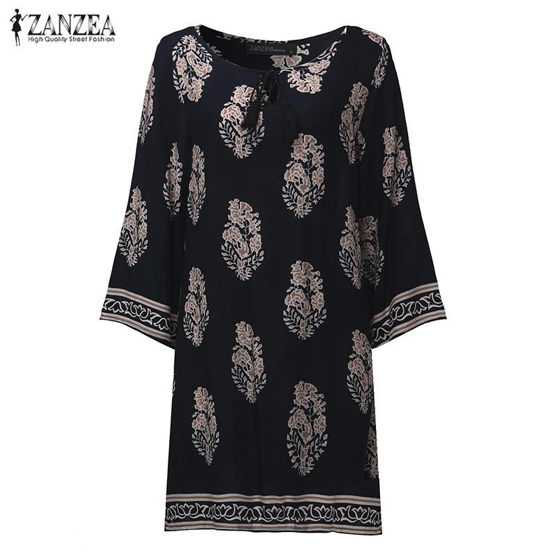 ZANZEA Women Sexy Mini Print Dress 2023 Elegant Retro 3/4 Sleeve Lace Up Long Tops Casual Loose Beach Dresses Vestidos [WOM]