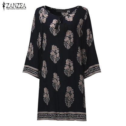 ZANZEA Women Sexy Mini Print Dress 2023 Elegant Retro 3/4 Sleeve Lace Up Long Tops Casual Loose Beach Dresses Vestidos [WOM]