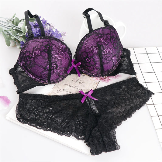 Sexy Deep lingerie bra set Beautiful back lenceria bielizna damska komplety Cup AB lace top pink lace underwear set [GRM] [UND]