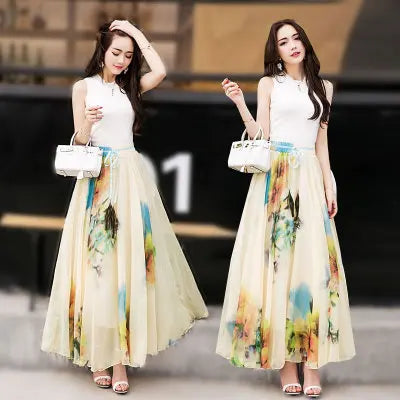 TingYiLi Long Floral Skirts Womens Holiday Beach Boho Skirt Summer Long Skirts Elegant Ladies Maxi Chiffon Skirt 8M Big Swing [WOM]