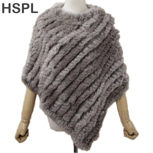 HSPL Fur Poncho Autumn Real Rabbit Hot Sale Triangle Knitted Women Pullover Lady Pashmina Wrap poncho pele de coelho [WOM]