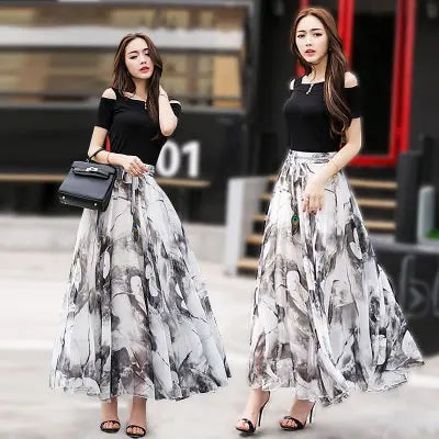 TingYiLi Long Floral Skirts Womens Holiday Beach Boho Skirt Summer Long Skirts Elegant Ladies Maxi Chiffon Skirt 8M Big Swing [WOM]