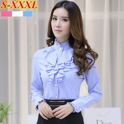 Pубашка женская White Blouse Roupas Femininas Long Sleeve Casual Shirt Elegant Ruffled Collar Office Lady Tops [WOM]