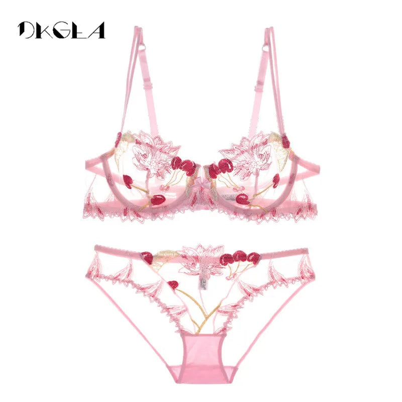 Flowers Embroidery Lingerie Set Lace Blue Transparent Underwear Set Women Sexy Hollow Out See Through Bra Pink [GRM] [UND]