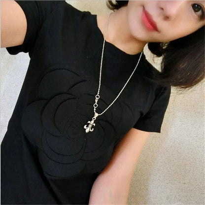 women's summer 3d camellia embroidery luxury  T-shirt ladies fashion tops slim casual tee shirts female [WOM]