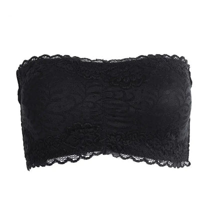 Women's Sexy Casual Lace Wrap Padded Tube Top Black Strapless Crop Top Bra Elastic Lace Push UP Cross Tops [GRM] [UND]