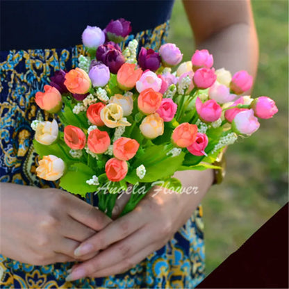 Autumn 15 Heads/Bouquet Small Bud Roses Bract Silk Artificial Flower DIY Wedding Home Christmas Decor Floral Gifts Photo Props [FLW]