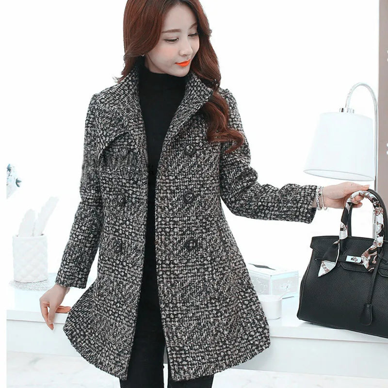 New Women's Wool Blends Coat Winter 2023 Autumn Fashion Elegant Mother Turtleneck Plaid Slim Long Tweed Woolen Outerwear Female [WOM]