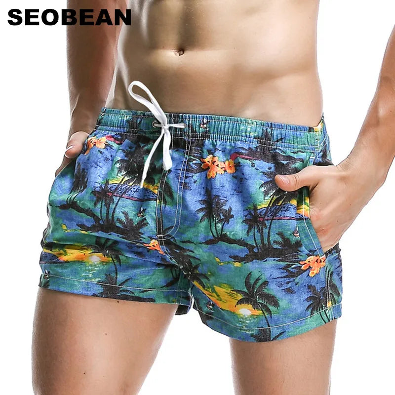 SEOBEAN Summer Hot Short Men Board Shorts Coconut Leaf Pattern Sea Beach Style Men's Shorts Men Quick Dry Shorts Trunks [MEN]