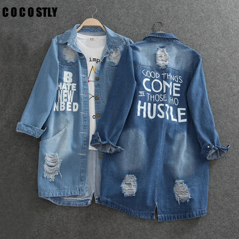 Ladies Denim Jackets Women's Spring Turn Down Collar Hole Long Sleeve Casual Denim Jacket Women's Jeans Coat Outerwear Plus Size 8XL [WOM]