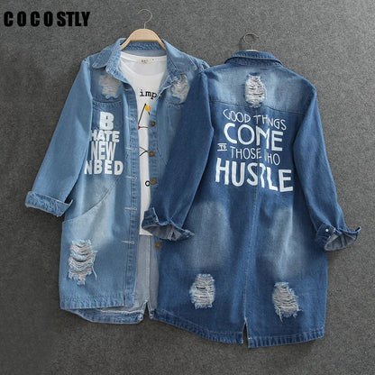 Ladies Denim Jackets Women's Spring Turn Down Collar Hole Long Sleeve Casual Denim Jacket Women's Jeans Coat Outerwear Plus Size 8XL [WOM]