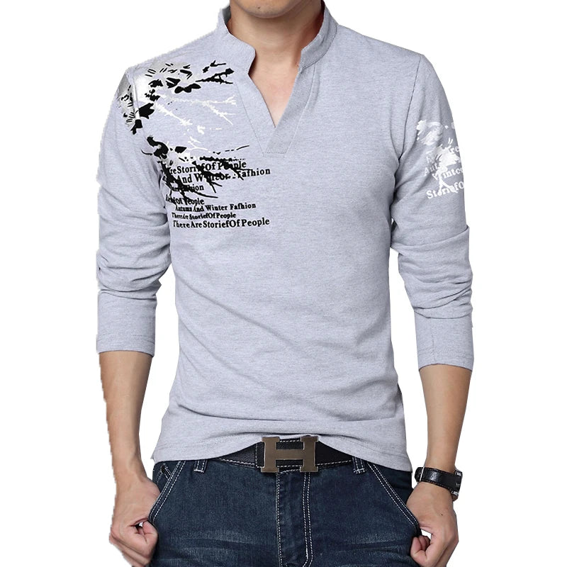 Autumn Men's T-Shirt Fashion Flower Print V Neck Long Sleeve T-Shirt Mens Clothes Trend Casual Top Tee Men 5XL [MEN]