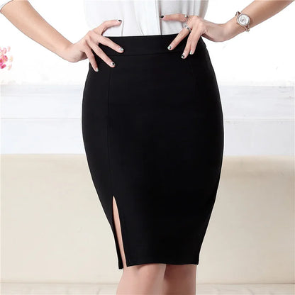 New Fashion Women Office Formal Pencil Skirt Spring Summer Elegant Slim Front Slit Midi Skirt Black/Gray/Red OL Skirts [WOM]