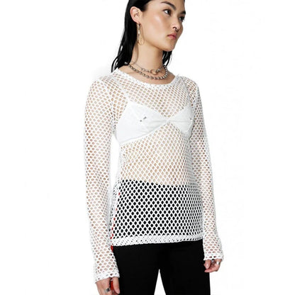 Gothic Fishnet Exposed T-Shirt Women Hipsters Vintage Casual Tops Loose Summer Sheer Mesh Tops T-Shirt [TSH]