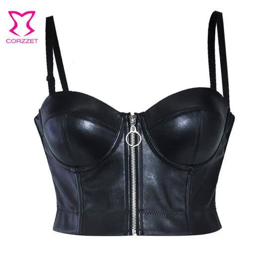 Steampunk Black PU Leather Zipper Push Up Bralet Sexy Women Bustier Gothic Punk Bra Lingerie Night Club Party Cropped Top Vest [GRM] [UND]