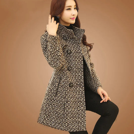 New Women's Wool Blends Coat Winter 2023 Autumn Fashion Elegant Mother Turtleneck Plaid Slim Long Tweed Woolen Outerwear Female [WOM]