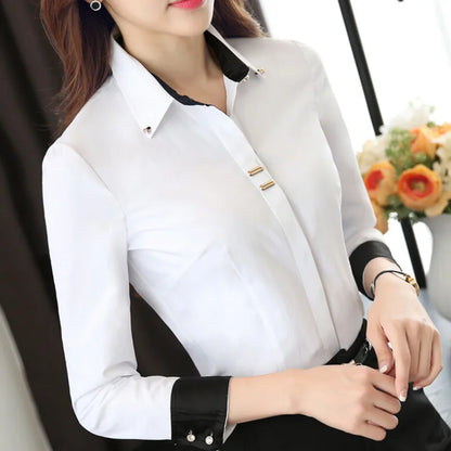 Fashion Clothes OL Women Long Sleeve Shirt Black White Slim Patchwork Sequined Cotton Blouse Office Ladies Formal Tops [WOM]