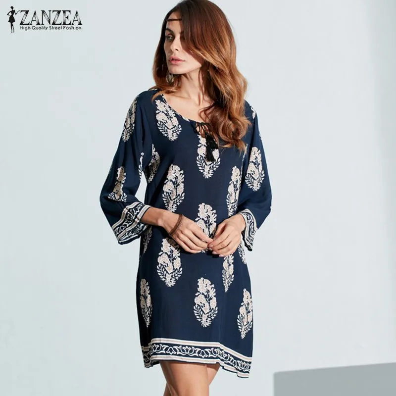 ZANZEA Women Sexy Mini Print Dress 2023 Elegant Retro 3/4 Sleeve Lace Up Long Tops Casual Loose Beach Dresses Vestidos [WOM]