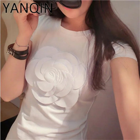 women's summer 3d camellia embroidery luxury  T-shirt ladies fashion tops slim casual tee shirts female [WOM]