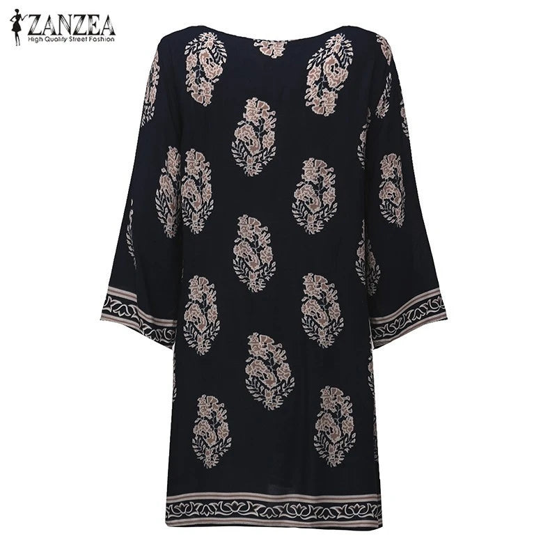 ZANZEA Women Sexy Mini Print Dress 2023 Elegant Retro 3/4 Sleeve Lace Up Long Tops Casual Loose Beach Dresses Vestidos [WOM]