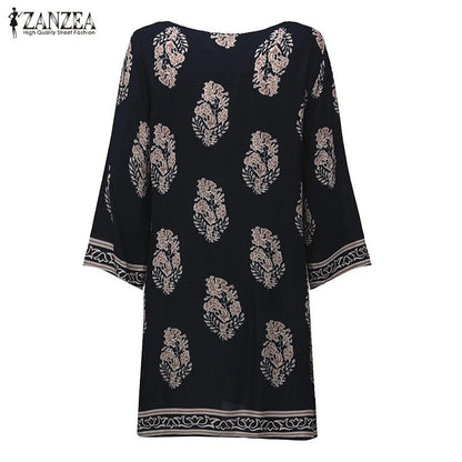 ZANZEA Women Sexy Mini Print Dress 2023 Elegant Retro 3/4 Sleeve Lace Up Long Tops Casual Loose Beach Dresses Vestidos [WOM]