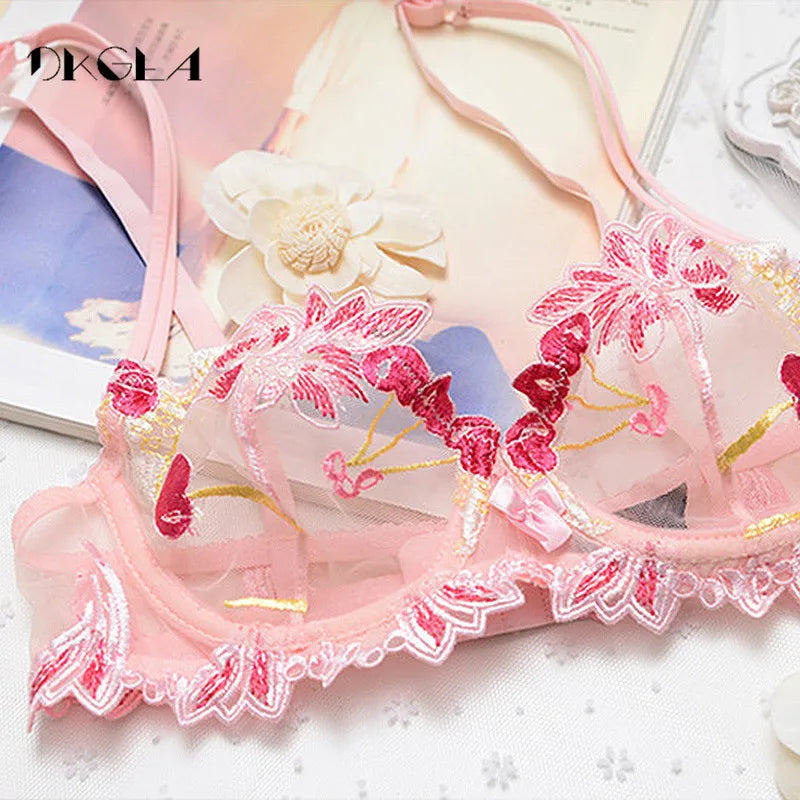 Flowers Embroidery Lingerie Set Lace Blue Transparent Underwear Set Women Sexy Hollow Out See Through Bra Pink [GRM] [UND]