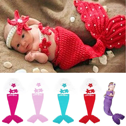 Cute Baby Sets Beauty Mermaid Suits Wool Handmade Crochet Photography Sweater Newborn Baby Cap For Girl Boy Knitting Suits [PHO]