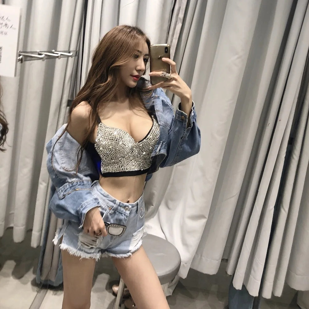 High-quality Hand-made Pearls Jewel Diamond beading Women's Sexy Bustier Bra Cropped sling Top Vest Bra bling [GRM] [UND]